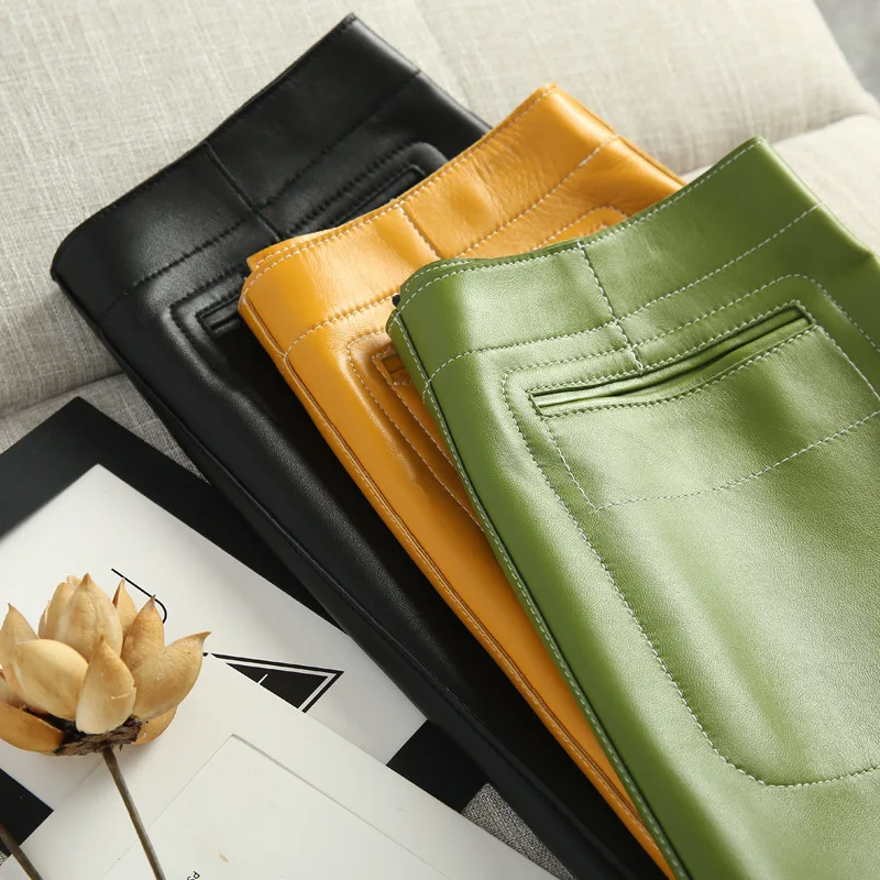 

Spring Autumn Fashion Elegant Women Genuine Leather Casual High Waist Mini Skirt Ladies A-line Short Skirts Black Yellow Green