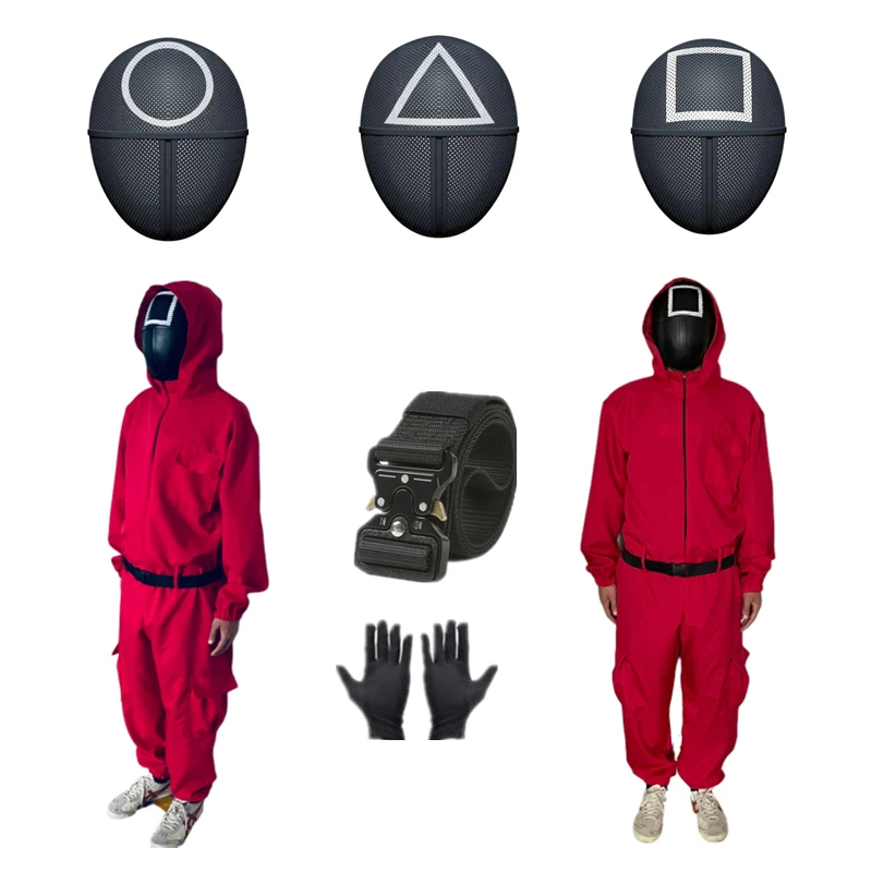 

Костюм для косплея из игры «кальмар» с красным капюшоном, костюм, маска, перчатки, полный комплект, Круглый квадратный треугольный пластико...