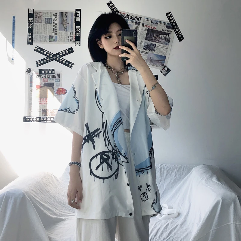 

Print Streetwear Korean Clothes Loose Shirts Turn-down Collar Casual Style Summer Tops Female Harajuku Women's Clothing New
