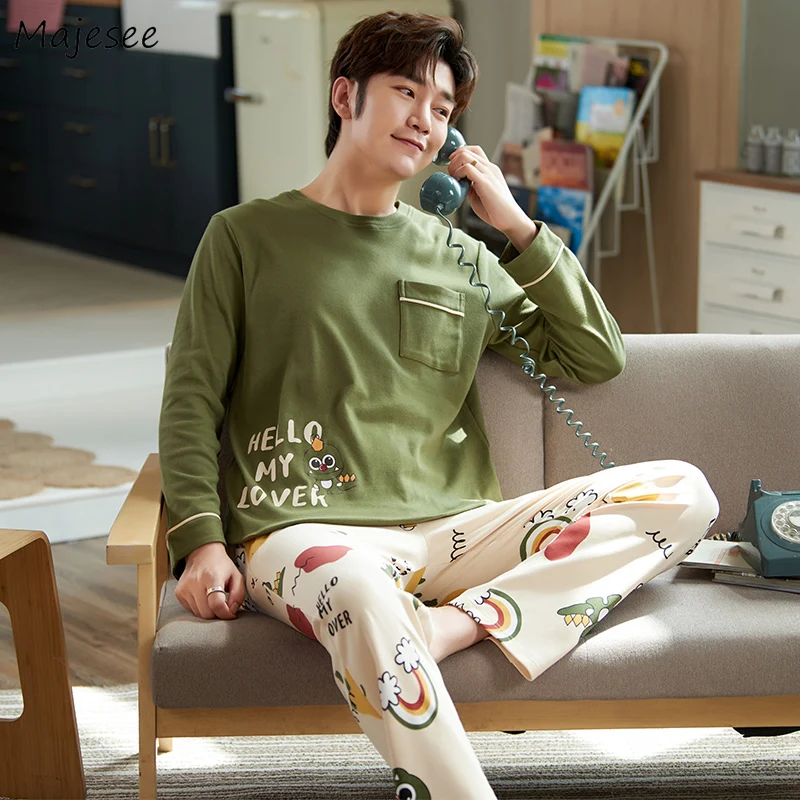 

Man Pajama Sets Autumn Casual Sleepwear O-neck Cartoon Letter Print Striped Soft Comfortable Oversize 3XL Korean Style Simple