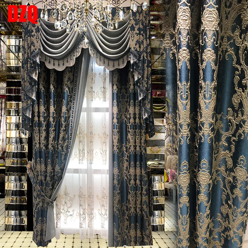 

European curtain custom Blue Coffee living room bedroom balcony water wave curtain gauze curtain floating window French window