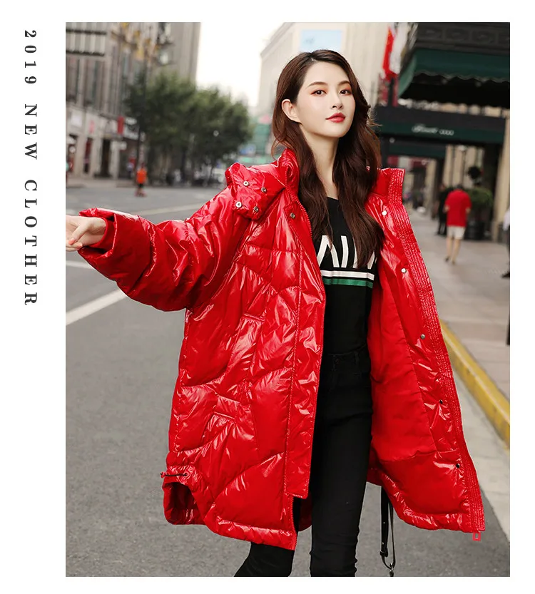 Женский пуховик зимняя Глянцевая красная черная Корейская верхняя одежда