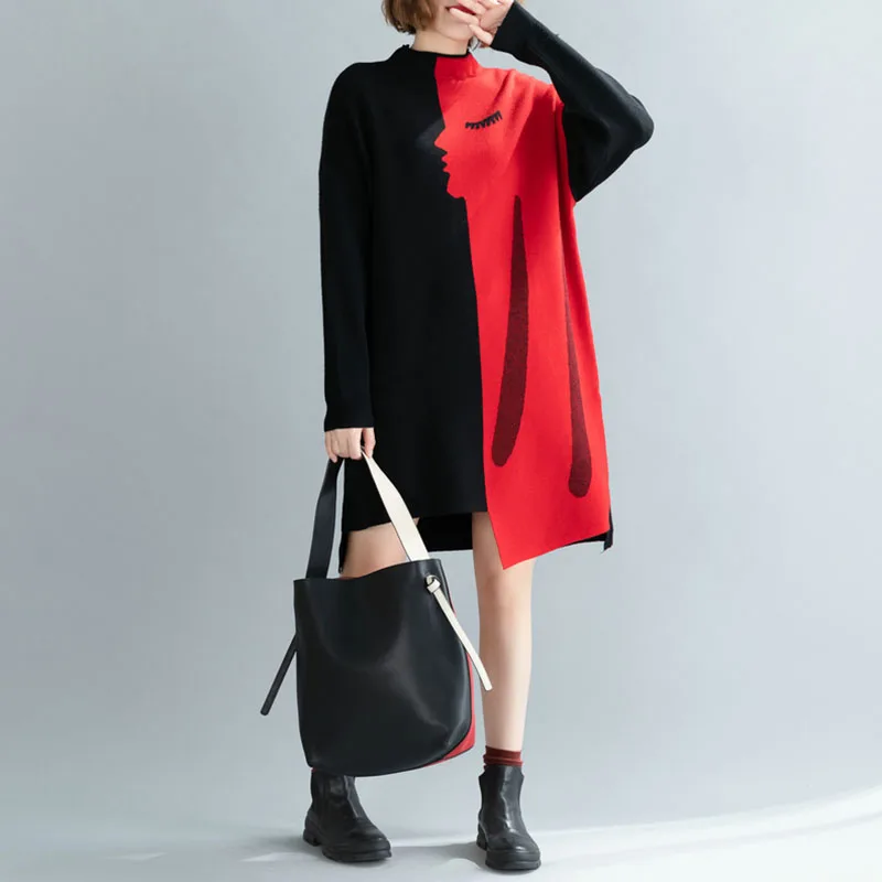 Платье-Свитер женское шерстяное с круглым вырезом прямое Осень-зима 4XL размера