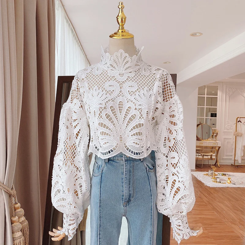 

Lantern Sleeve Sweet Blouses Zipper Up Ruffle Women Blouses Fashion Stand Collar Solid Vintage Tops Hollow Lace Shirts Women