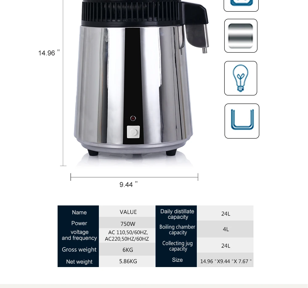 Дистиллятор воды 4 л из нержавеющей стали с функциями дистилляция очистка