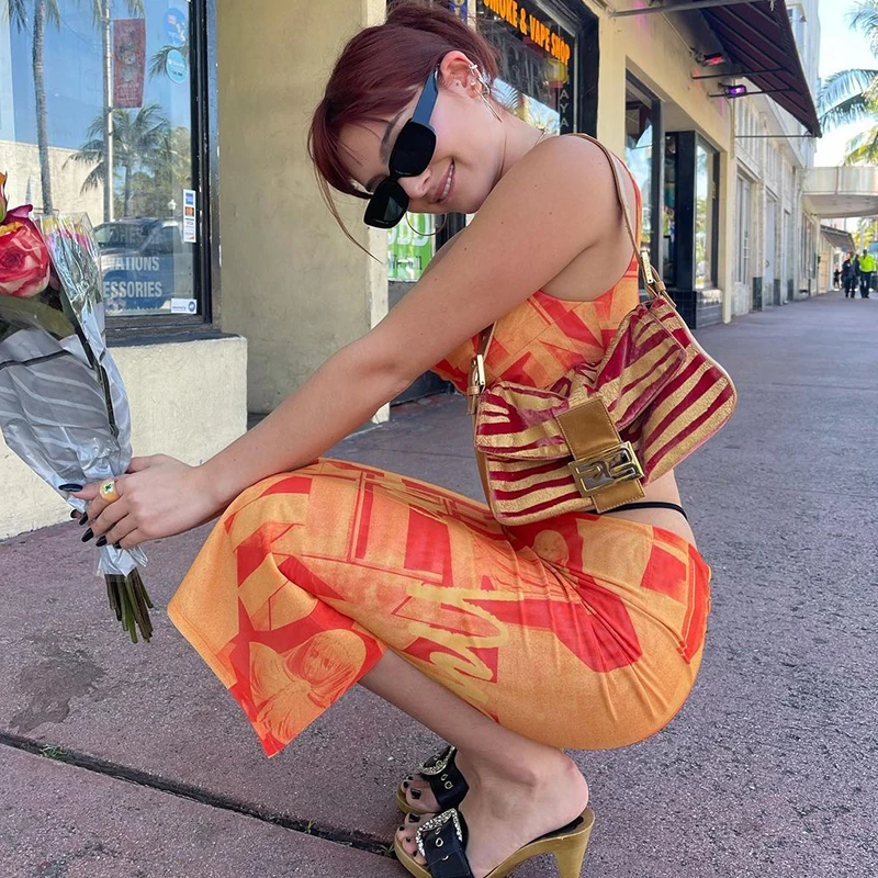 

Hand-Painted Prited Y2k Crop Top And Long Split Skirt Suit For Women Loungewear Tracksuit 2021 Beach 2 Piece Set Party Outfits