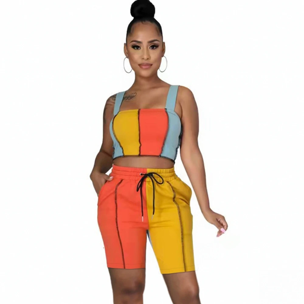 

Two Piece Matching Set Patchwork Sexy Spaghetti Strap Crop Top Lace Up Shorts Summer Outfits For Women Tracksuit Women's Sets
