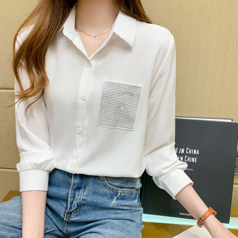 

Женская рубашка 2020 Корейская одежда Свободная рубашка с длинным рукавом Женские повседневные шифоновые однотонные белые топы на пуговицах...