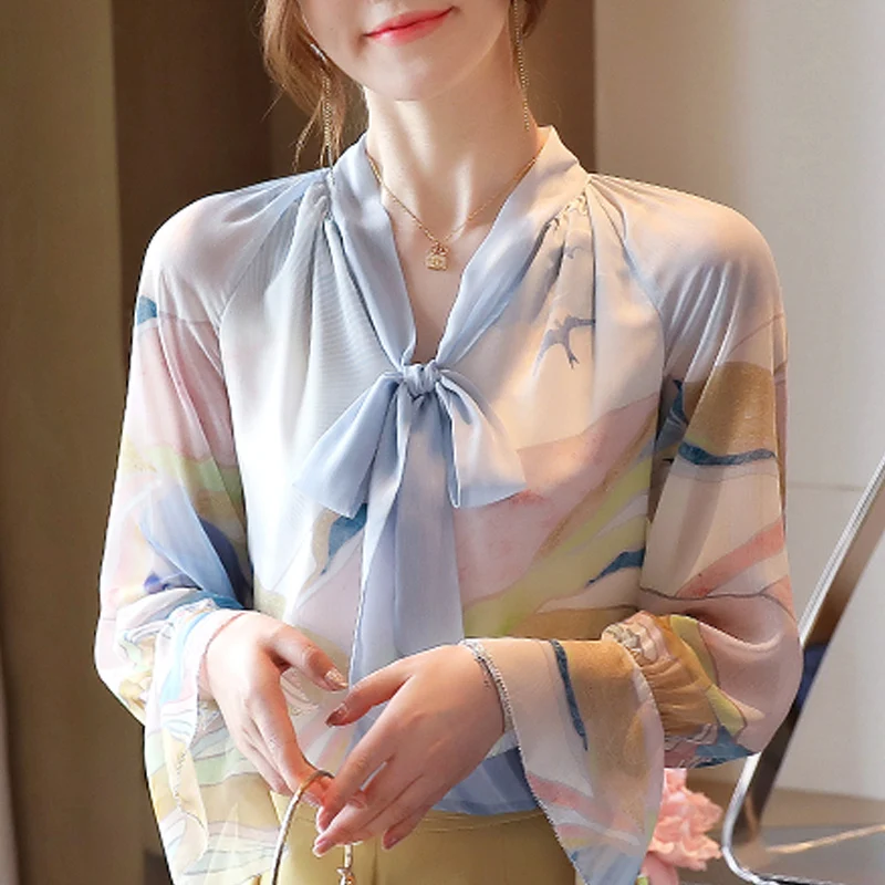 

Blusas Mujer De Moda 2021 Blouse Women Bow V-neck Print Chiffon Blouse Shirt Tops Long Sleeve Women Blouses Shirts Blusa D471