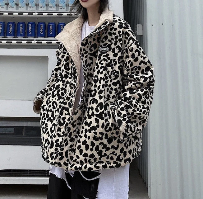

2021Leopard Print Women Fleece Jackets Motorcycle Jacket Faux Lamb Fur Kawaii Coat Teddy Fur Coat Fleece Parkas Cropped Stripeed