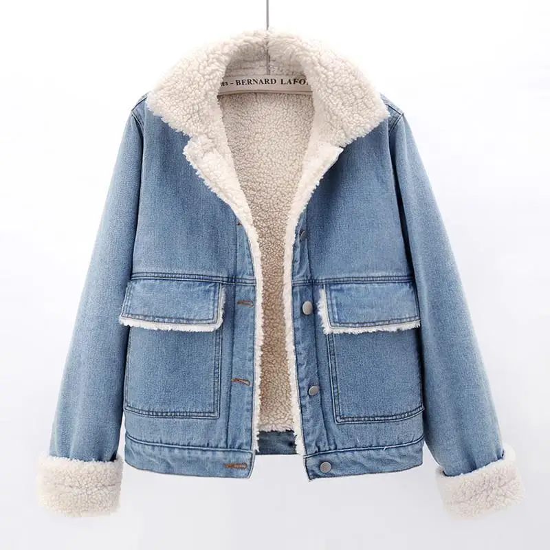 

2021 winter all-match denim jacket women plus velvet thick Korean loose casual solid color jacket coat cotton jacket women