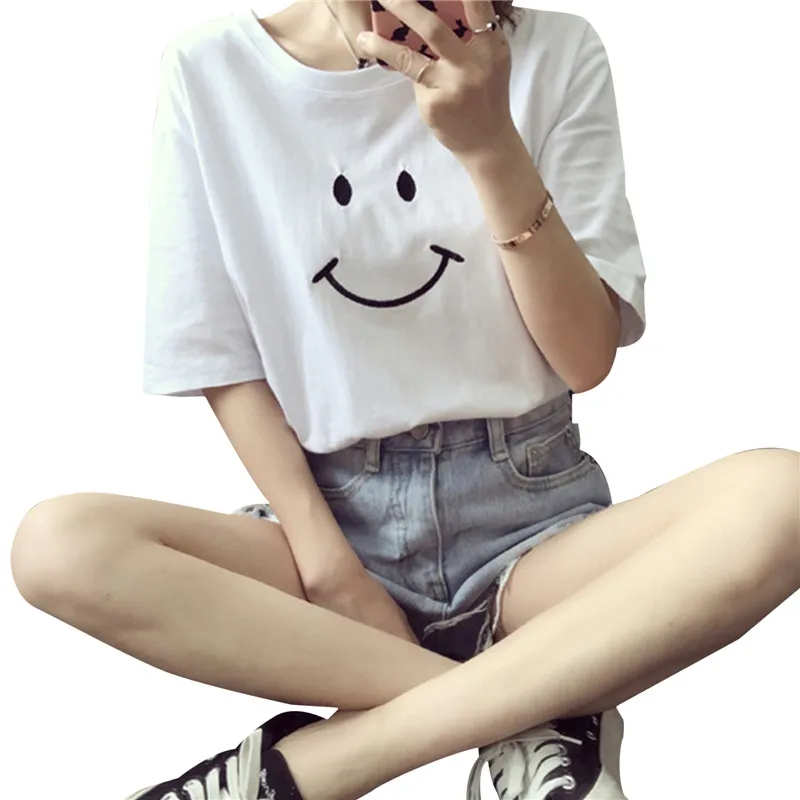 

Women's all-match smiley face T-shirt round neck slim top
