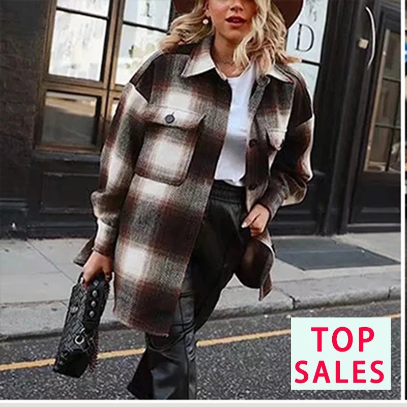 

Vintage Women 2021 Long Sleeve Woolen Coats Fashion Ladies Thick Plaid Coat Female Streetwear Elegant Girls Oversize Jacket Chic