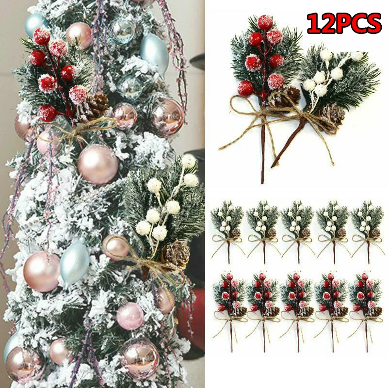 

12Pcs Hemp Rope Green Pine Red Fruit Fake Pine Flower Artificial Snow Frost Pine Branch DIY Christmas Tree Party Decoration
