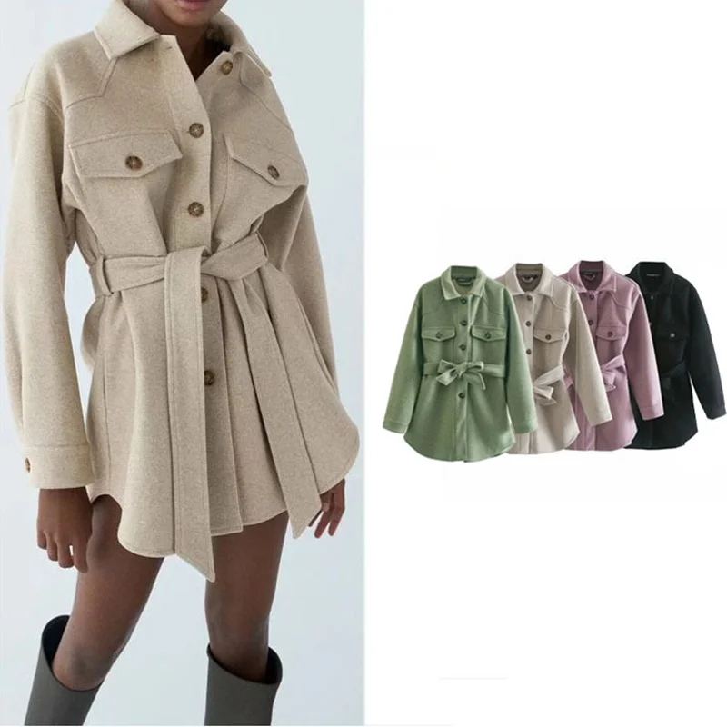 

Plus Women Jacket Fashion Belt Loose Woolen Jackets Coat Vintage Long Sleeve Oversized Female Jackets Outerwear Chic Women Coats
