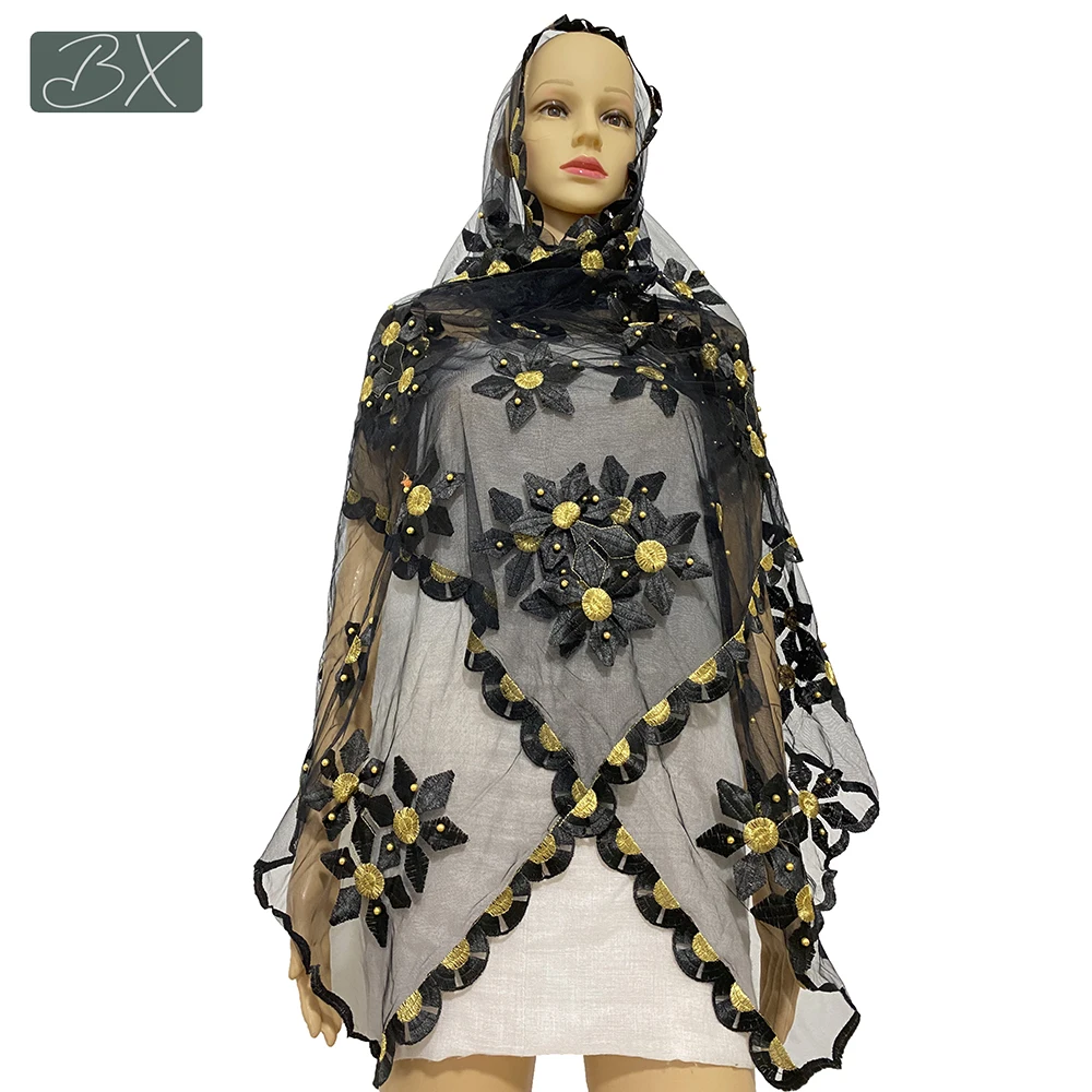 

African Women Fashion Hijabs Multi Design Muslim Embroidered Net Scarf Transparent Scarf for Short Shawls Pashmina Turban BX-018