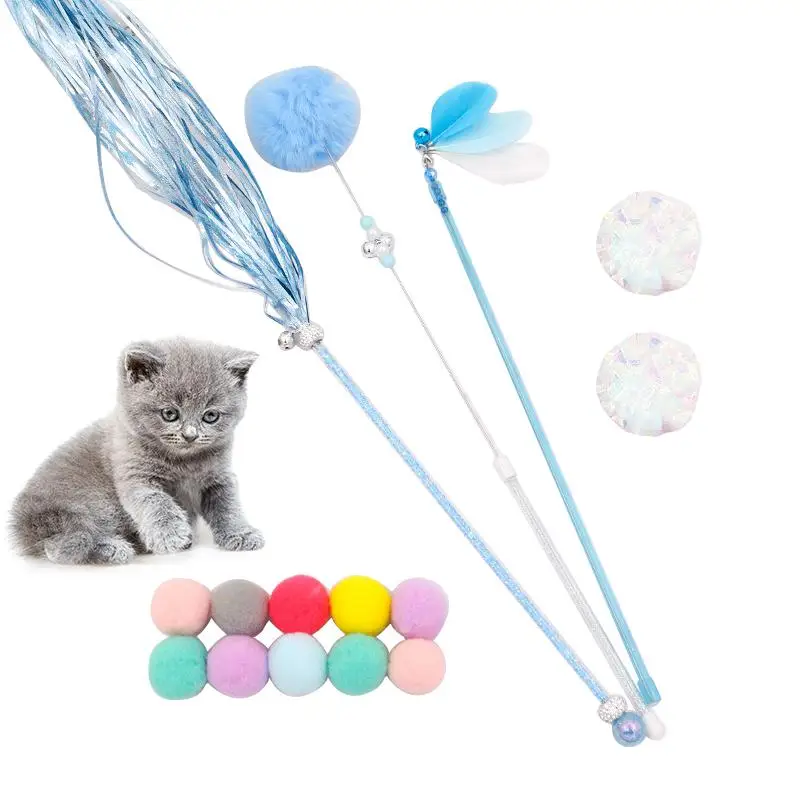 

15 PCS Cat Wand Set Interactive Kittens Teaser Toy Soft Cat Chewing Crinkle Ball Funny Pet Cats Feather Wand Toy With Bells