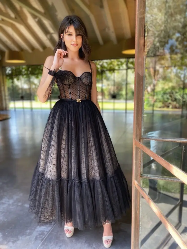 

2021 Black Dotted Tulle Short Women's Party Dresses Spaghetti Straps Evening Gowns Sweetheart Corset Summer Dress Vintage Gown