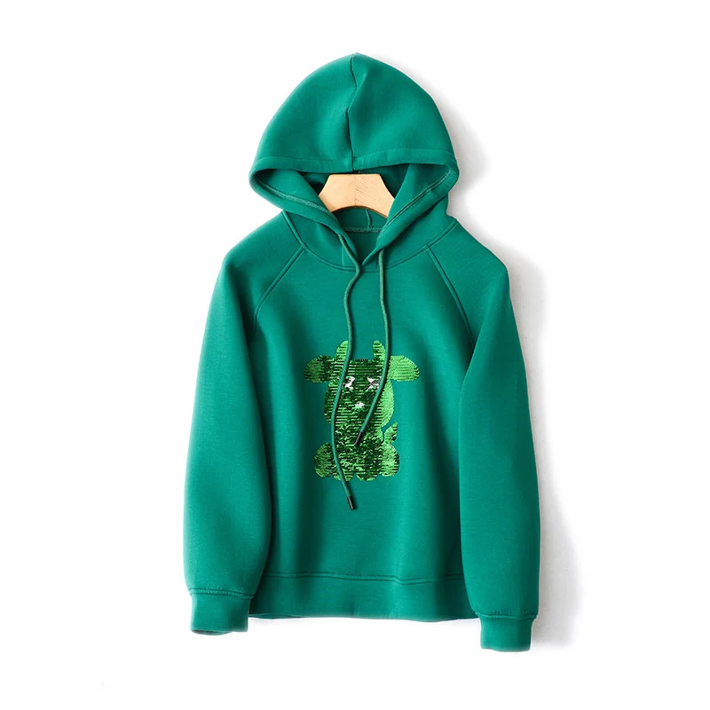 

L-4Xl Plus Size Women Loose Sweatshirt Autumn Cow Pattern Drawstring British Style Hooded Tops Female Oversized Sequins Hoodies