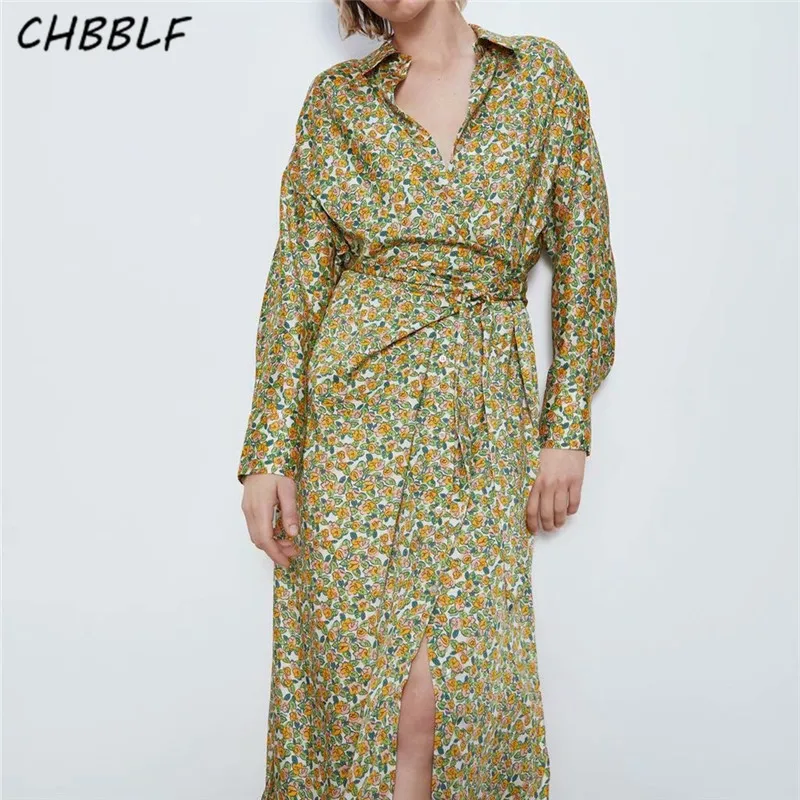 CHBBLF женское стильное платье макси с принтом длинным рукавом плиссированное