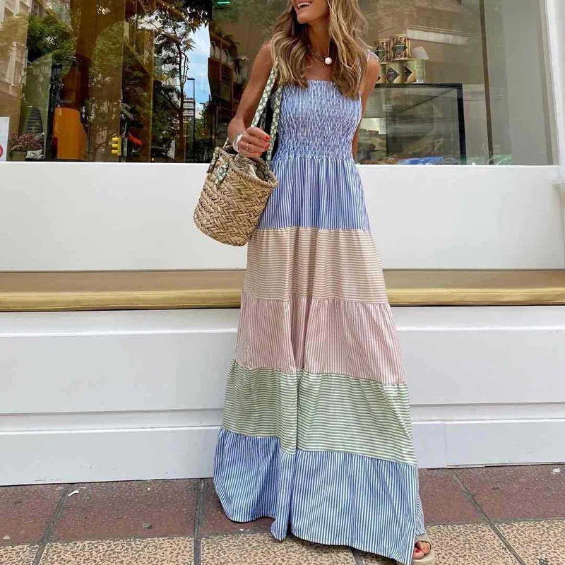 

Spring Off Shoulder Bow Sling Maxi Dress Summer Sleeveless Pleated Beach Dresses Women Striped Pring Patchwork Long Party Dress