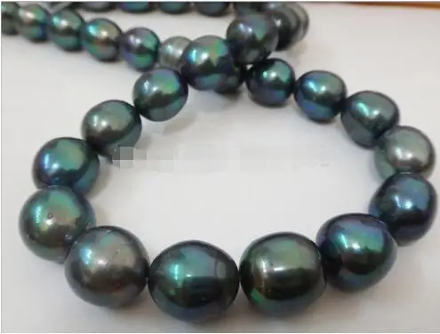 Wholesale HUGE 18"12-15MM NATURAL TAHITIAN GENUINE BLACK PEACOCK GREEN OVAL PEARL NECKLACE