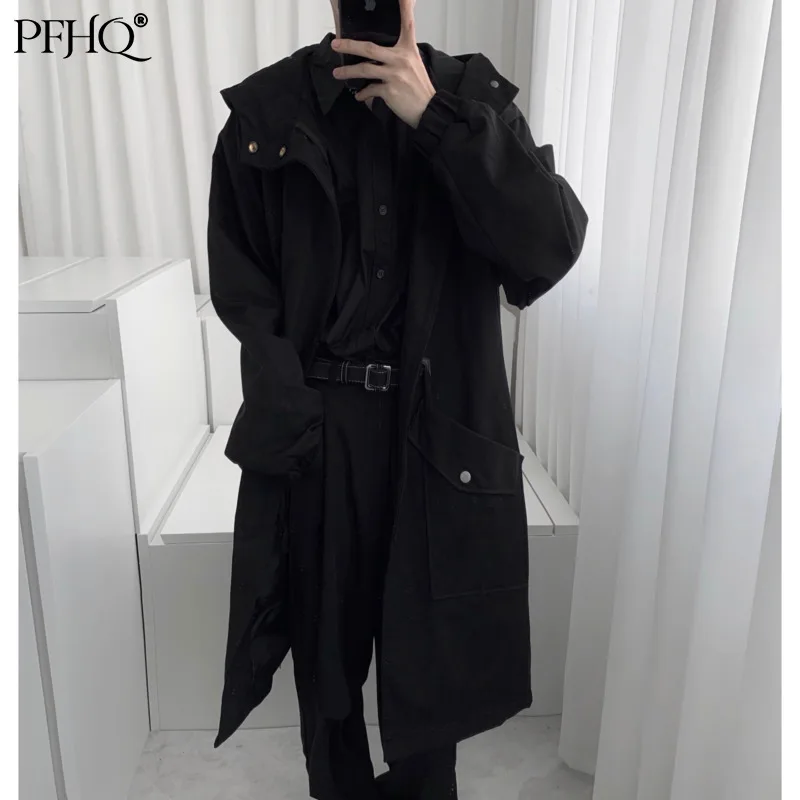 

PFHQ 2021 New Men's Fashion Loose Korean Style Trend Tooling Casual Hooded Mid-length Trench Coat Autumn And Winter 21E4303