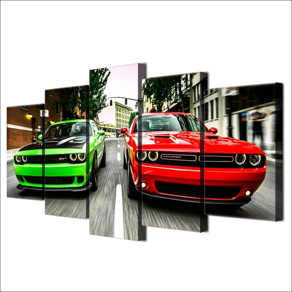 

Moderne Hd Gedrukt Canvas Painting Home Decor 5 Stuks Challenger Groen Rood Cars Landschap Poster Frame Wall Art Picture Modular