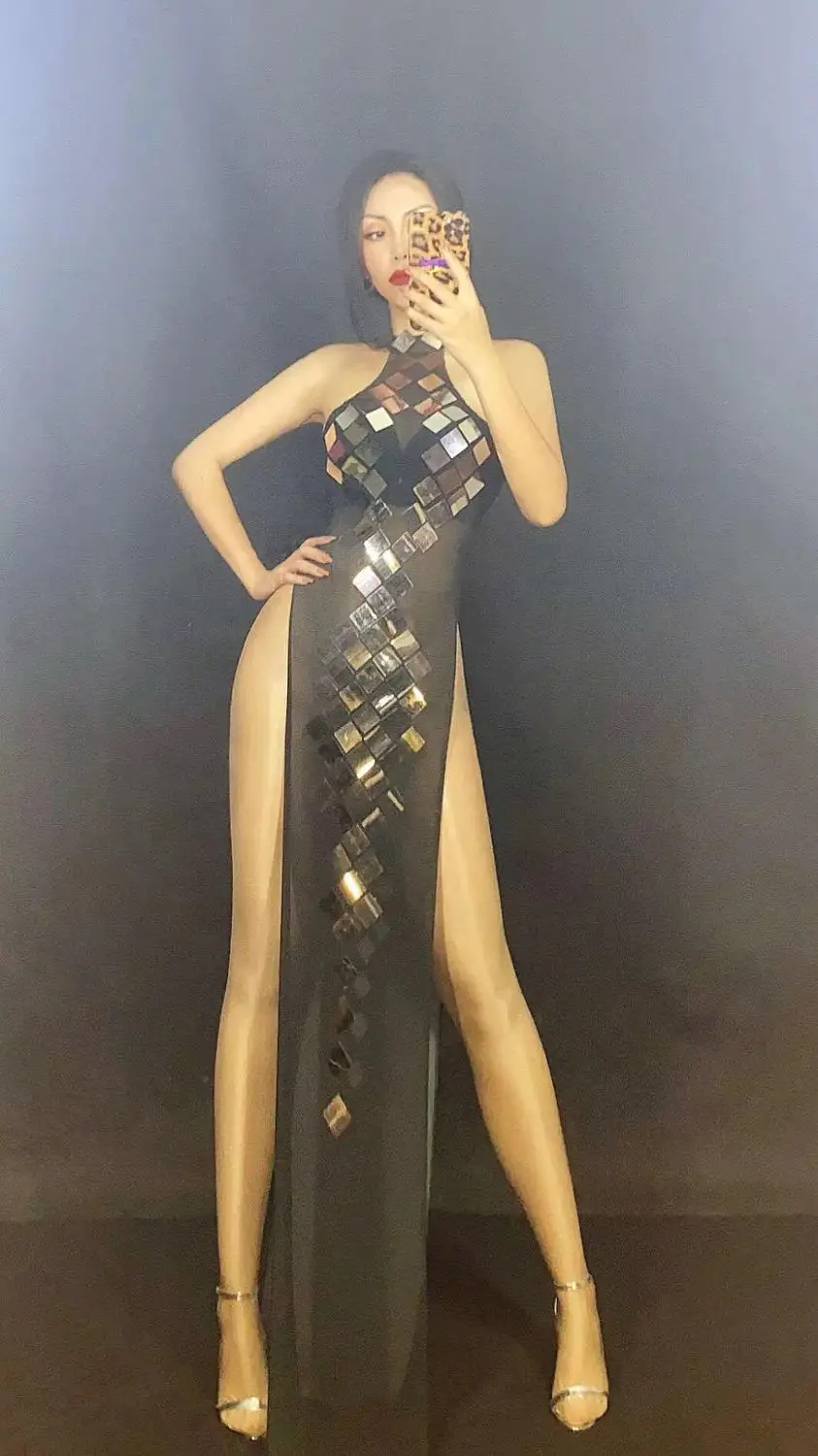 

Modern Singer Dance Outfit Dj Black Perspective Sexy Split Long Dress Cheongsam Stage Adult Festival Performance Costume