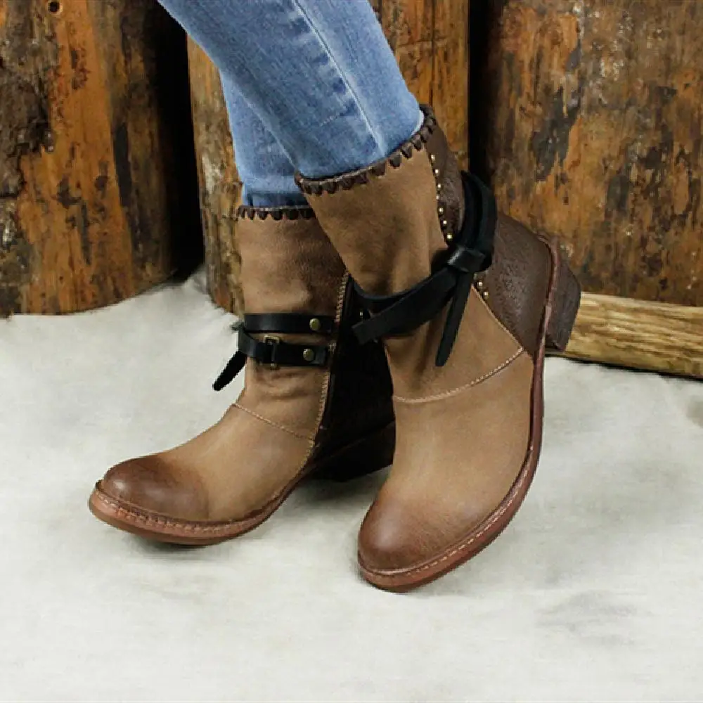 Женские полусапожки из овечьей кожи коричневые на низком каблуке|Сапоги до