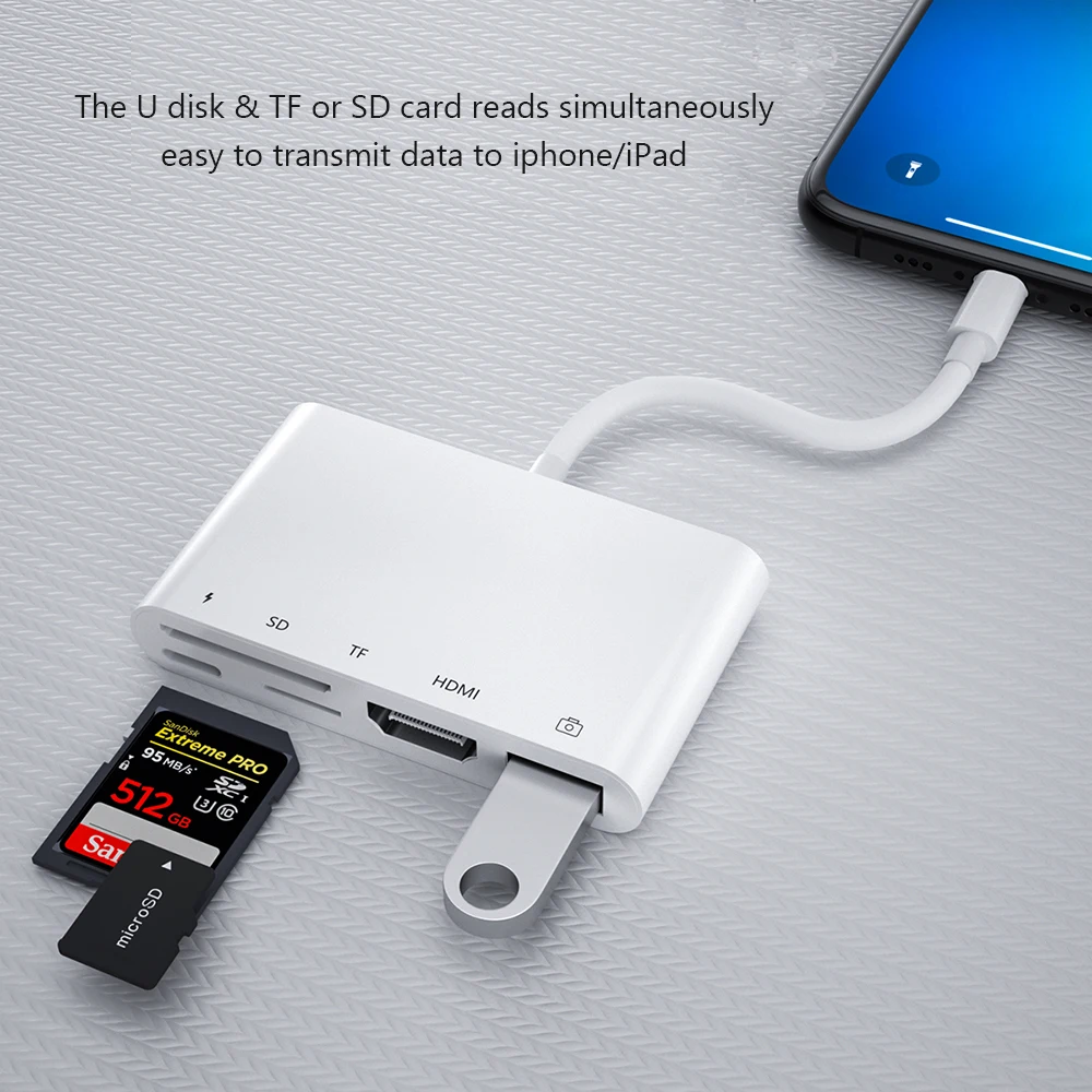 Адаптер для камеры 5 в 1 с Lightning на USB HDMI устройство чтения карт SD/TF iPhone iPad iOS14 U диска