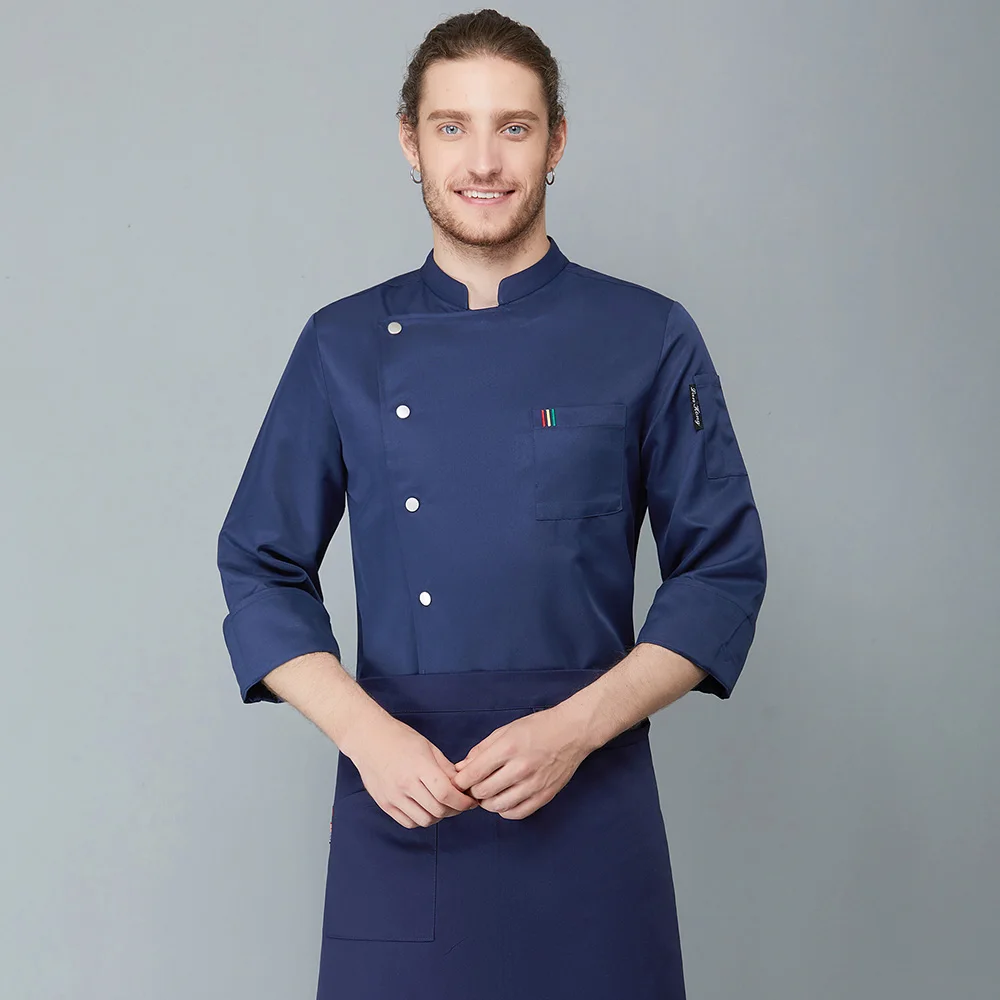 Высококачественная куртка для шеф-повара, пальто для кухни, униформа для ресторана, рубашки с длинными рукавами, одежда для кухни в отеле - Цвет: Синий