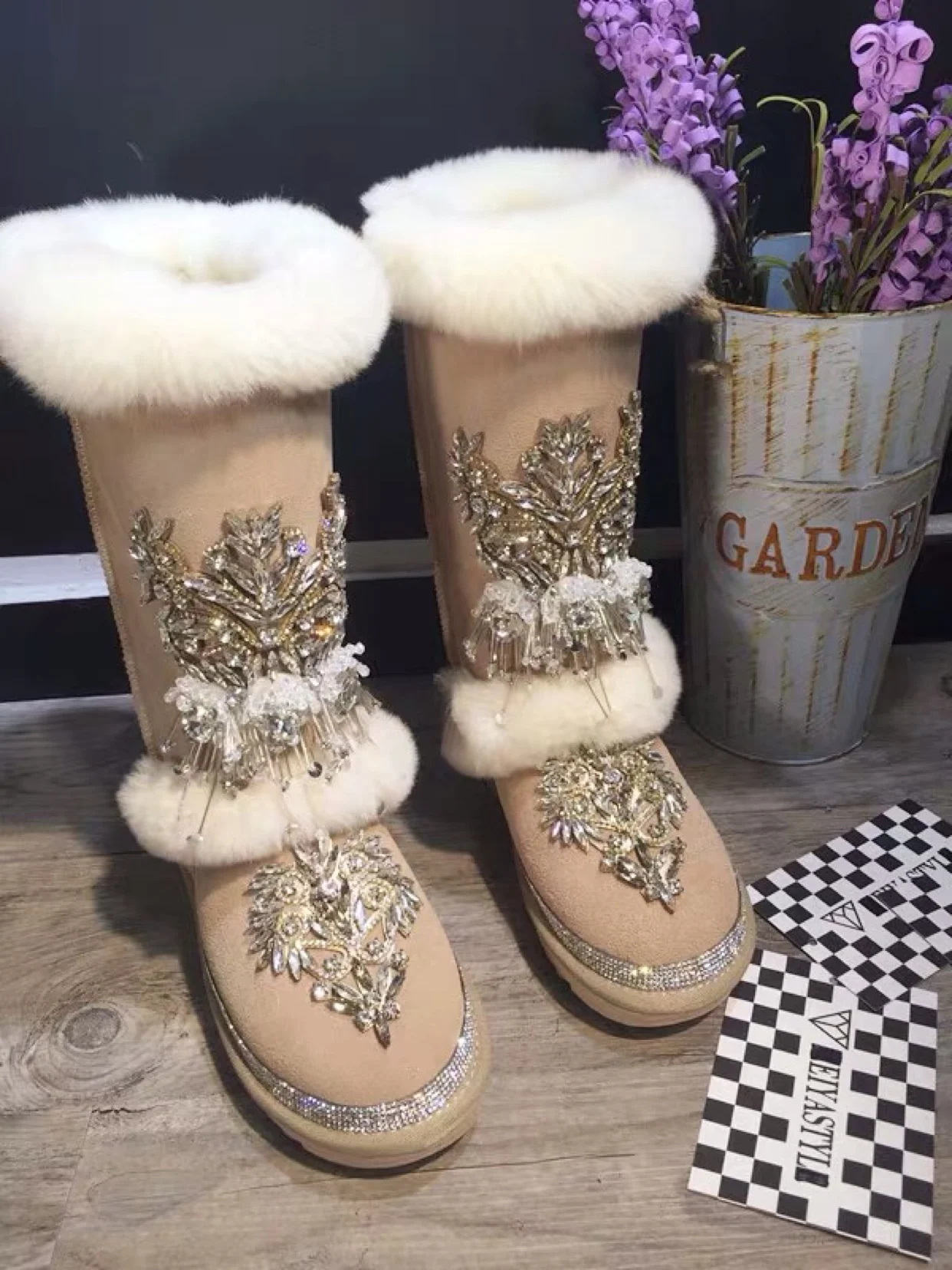 

High tube rabbit fur leather crystal Thai tide brand snow boots