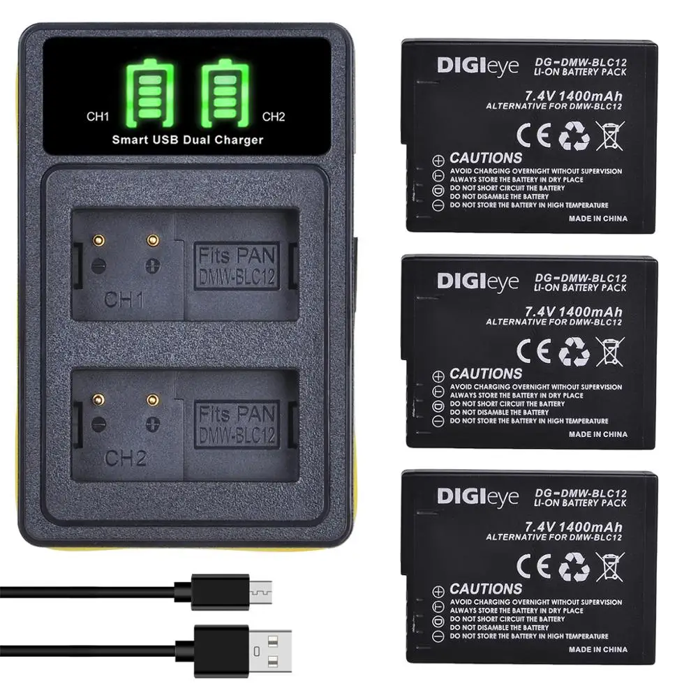 DMW-BLC12 BLC12E BLC12PP Batterie + LED Dual Charger W/ Typ C für Panasonic Lumix DMC-FZ200 FZ1000 FZ2500 DMC-G5 G6 g7 GX8 G85