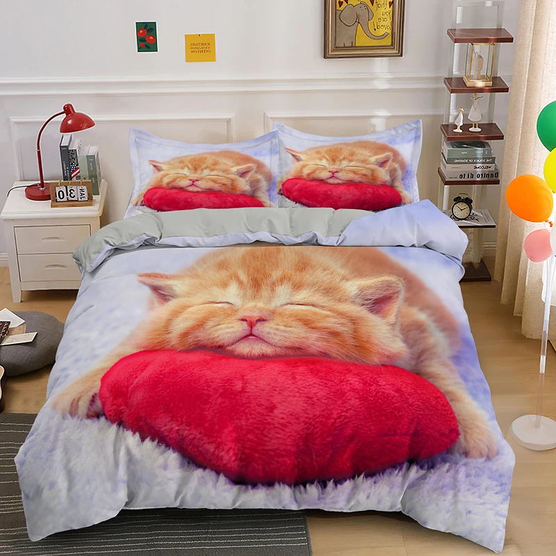 

Animal Photographic Print Duvet Quilt Cover 3D Lovely Cat Luxury Bedding Set With 1/2pcs Pillowcases