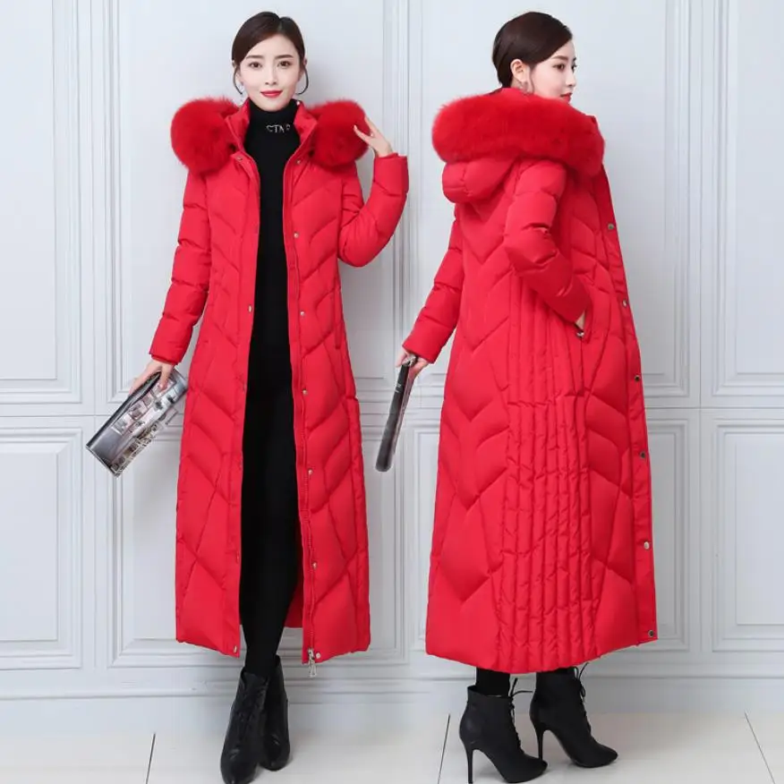 

4XL 125cm ankle length real fox fur hooded fluffy down coats female winter fashion big fur collar thicker warm down coat F2199