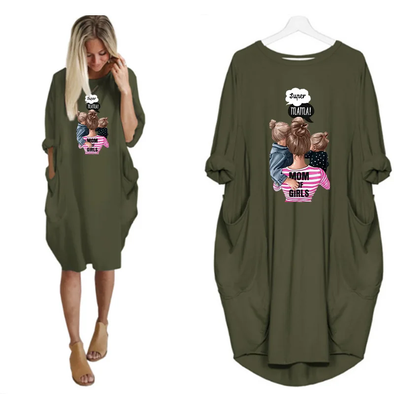 

Plus Size Women's Midi Dress Long Sleeve Dresses Super Mama Print o Neck Loose Pocket Casual Vintage Vestidos Robe Femme Autumn