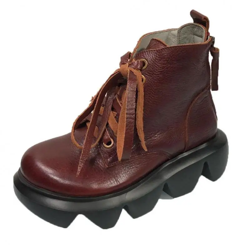 

YourSeason Genuine Leather Ladies Shoes New 2020 Round Toe Flat With Zip Concise Handmade Lace Up Ankle Women Platform Boots