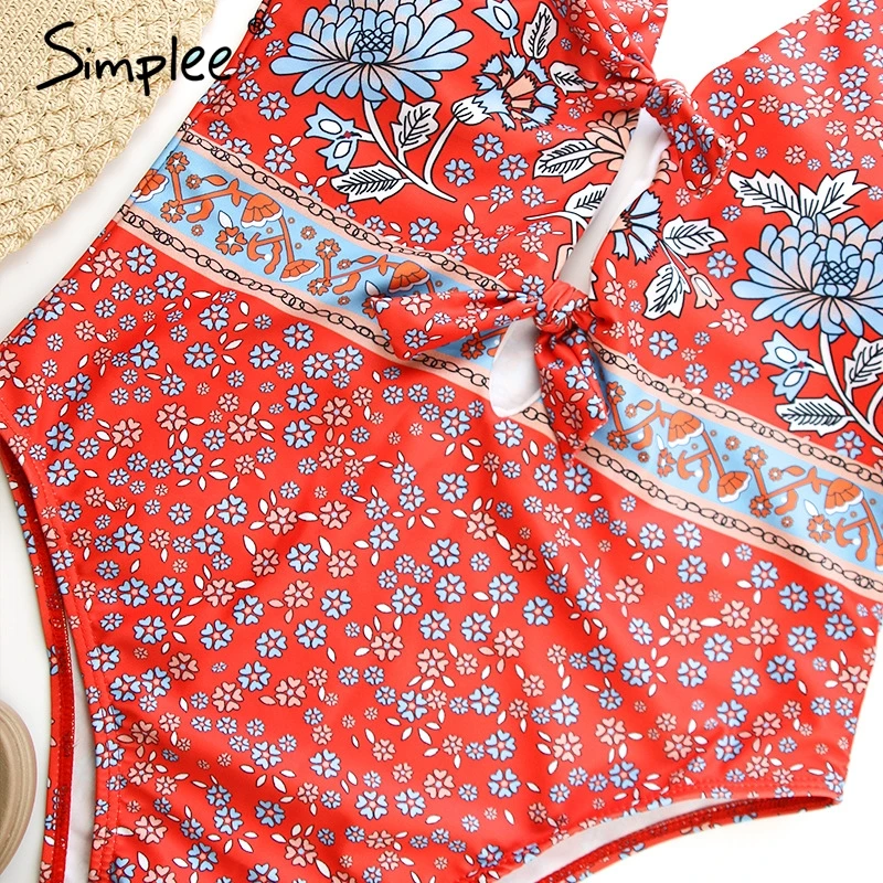 Женский купальник Simplee с цветочным принтом, цельный купальный костюм с высоким вырезом, бикини с принтом, купальный костюм с открытой спиной, привлекательное боди с v-образным вырезом