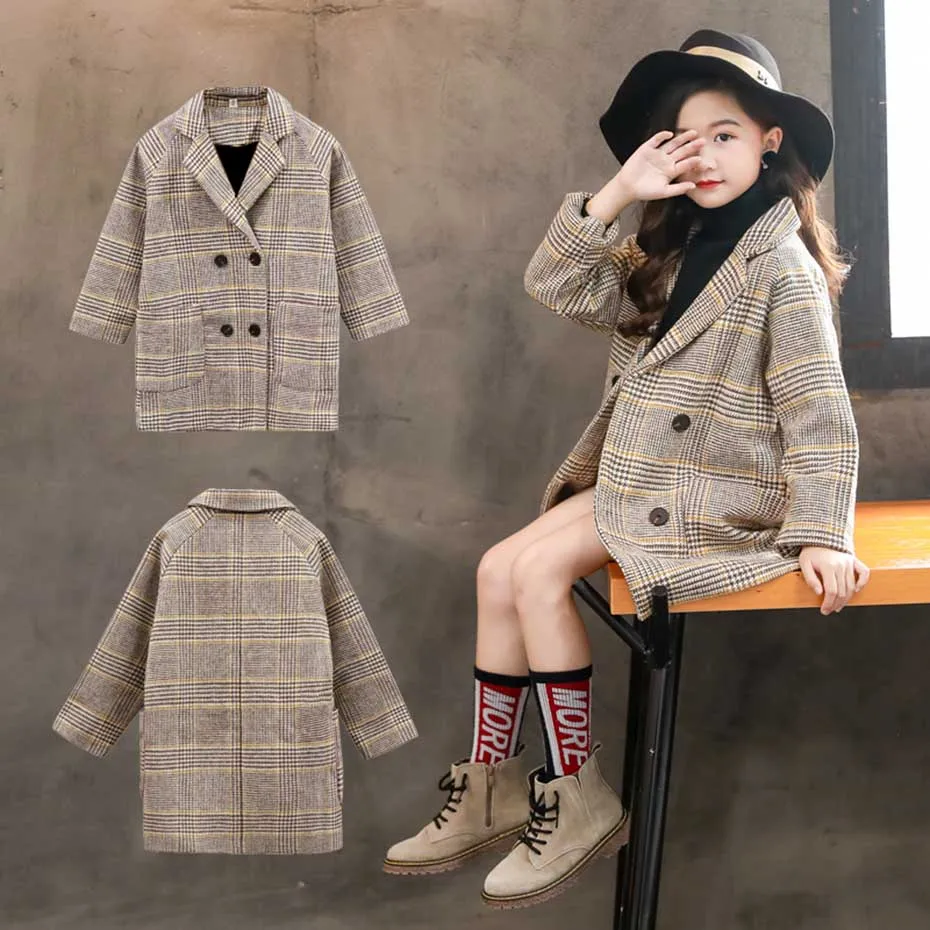 

MudiPanda Winter Coat For Girls Thick Woolen Jacket Fashion Plaid Kids Outerwear Autumn England Teenage Clothes For Girls School