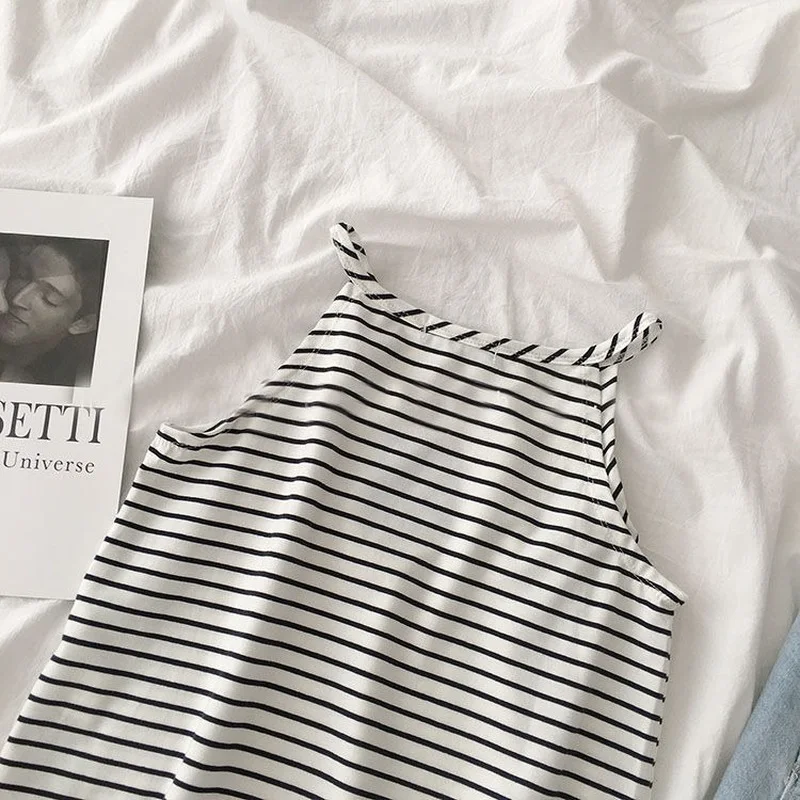

Striped Camisoles Women All-match Simple Elegant Summer O-neck Sleeveless Tank Tops Korean Style Fashion Chic Camis New Arrival