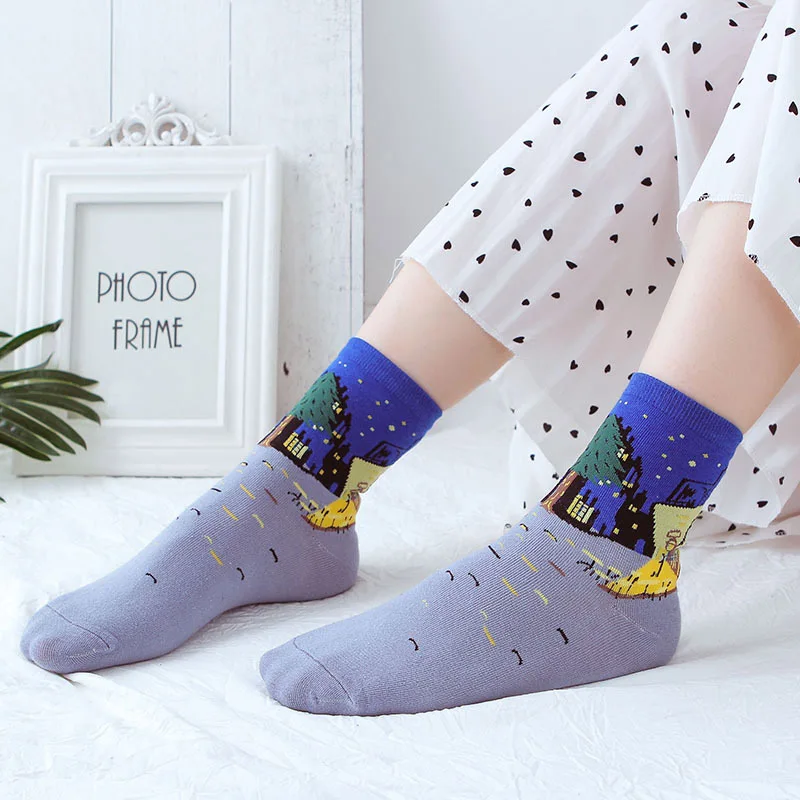 4 Pairs/lot Van Gogh Art Oil Paint Cotton Socks Cartoon Streetwear Kawaii Short Socks Happy Women Warm Funny Cute Socks