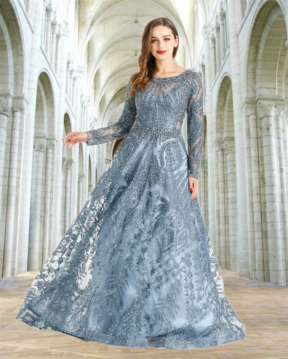 Роскошные Синие вечерние платья в мусульманском стиле с длинными рукавами 2021