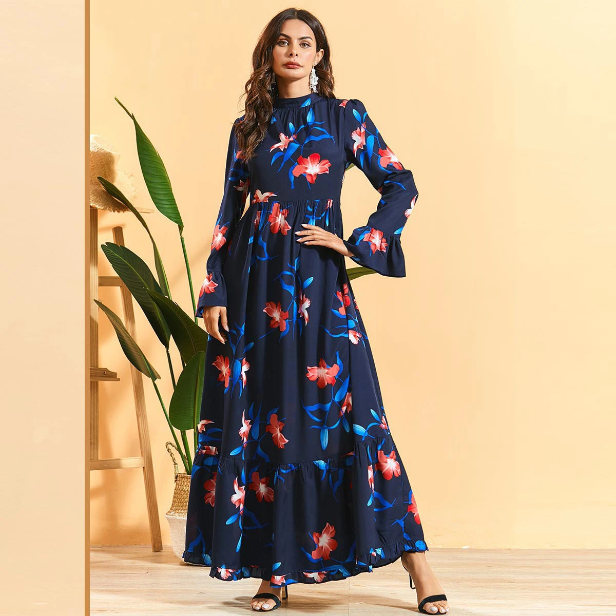 Турецкий мусульманский халат Женское платье абайя с расклешенными рукавами