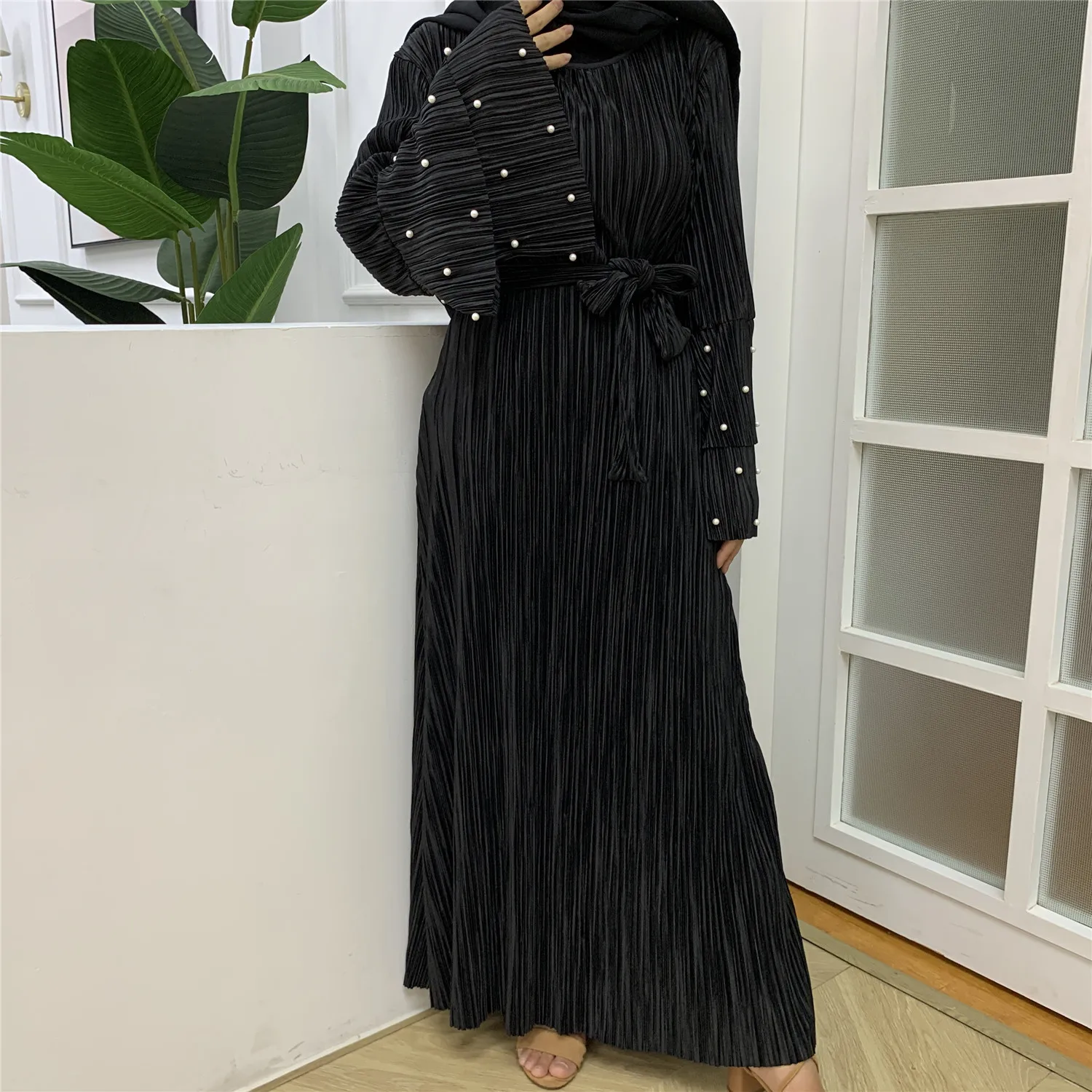 

Donsignet Muslim Dress Muslim Fashion Middle East Eid Duabi Abaya Turkey Robe Plus Size Pleated Long Sleeve Beaded Muslim Dress