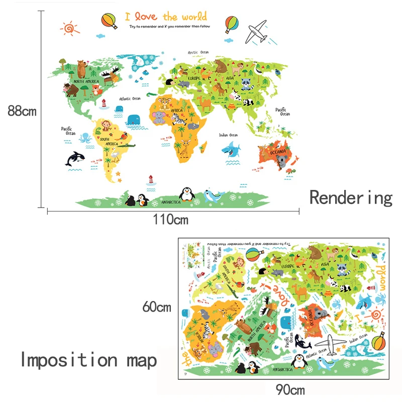 Мультяшная карта мира ПВХ DIY самоклеющиеся виниловые наклейки на стену для