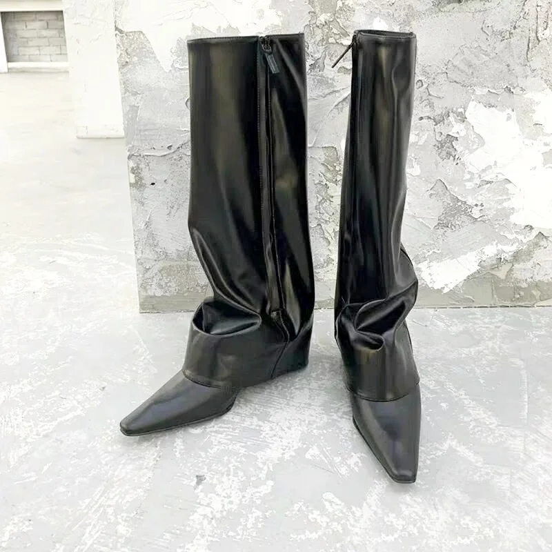 

brand designer shoes wedge high heels autumn winter knee high boots woman pointed toe runway boots leather cowboy women shoes