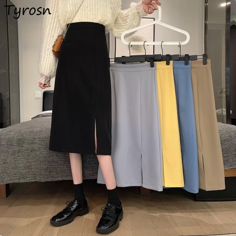 

Women Midi Skirts Elegant Ladies Draped Tender Ulzzang Solid Simple Cozy Temperament A-line Side-slit Trendy Empire Waist Retro