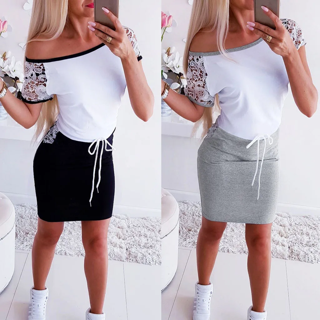 Summer Sexy Off Shoulder Women Dress Party Costume Short sleeve Lace Solid Ladies Mini Casual Vestidos GH50 | Женская одежда