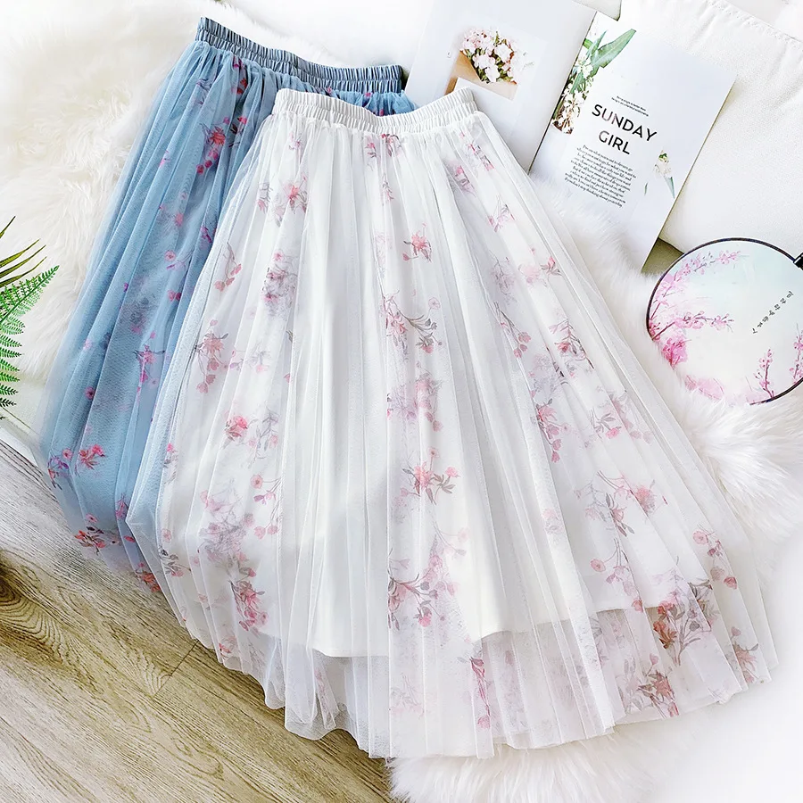 

Mesh Skirt, Forest Style, Antique Skirt, Sweet Little Fresh Printed Skirt, Super Fairy Drape Long Skirt, Korean Floral Skirt
